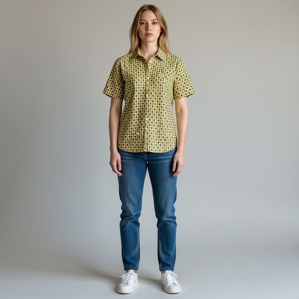Max Studio Yellow Geometric Diamond Print Flutter Sleeve Blouse V-Neck A703D31
